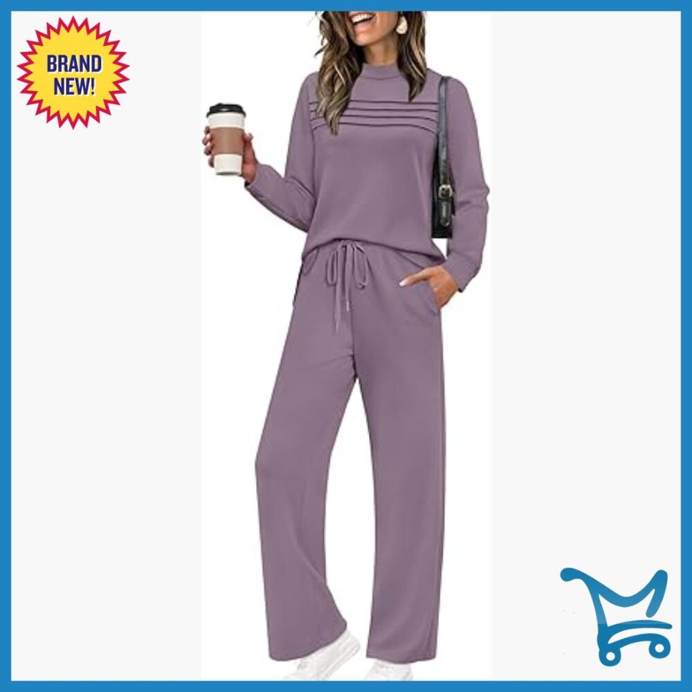 Long Sleeve Lounge Set Wide Leg Pants Two Piece Travel Outfit S-3XL